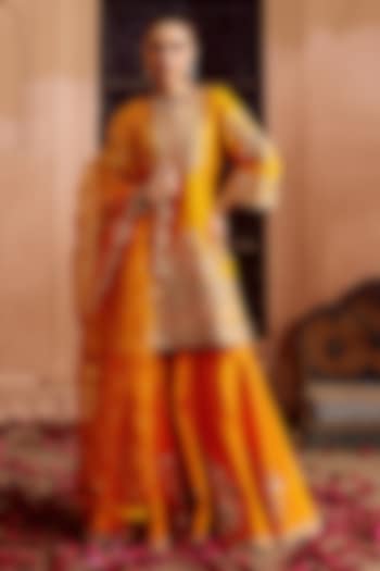 Mango Yellow Spun Silk Zardosi Work Bridal Sharara Set by SURBHI SHAH at Pernia's Pop Up Shop