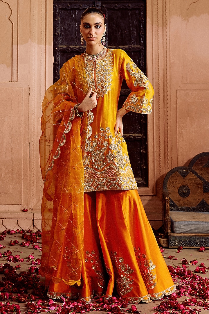 Mango Yellow Spun Silk Zardosi Work Bridal Sharara Set by SURBHI SHAH at Pernia's Pop Up Shop