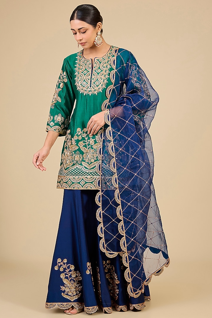 Navy Blue Spun Silk Bridal Sharara Set by SURBHI SHAH at Pernia's Pop Up Shop