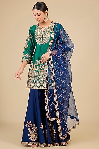 Navy Blue Spun Silk Sharara Set by SURBHI SHAH