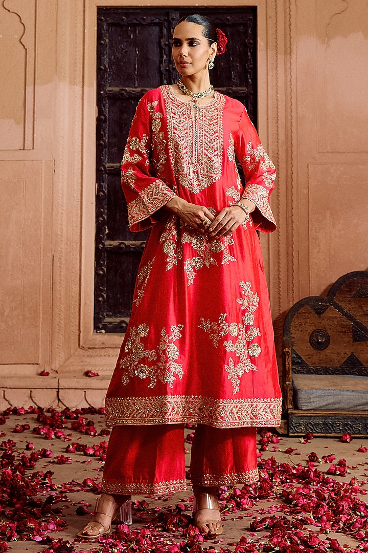 Strawberry Red Spun Silk Zardosi Work A-Line Kurta Set by SURBHI SHAH at Pernia's Pop Up Shop