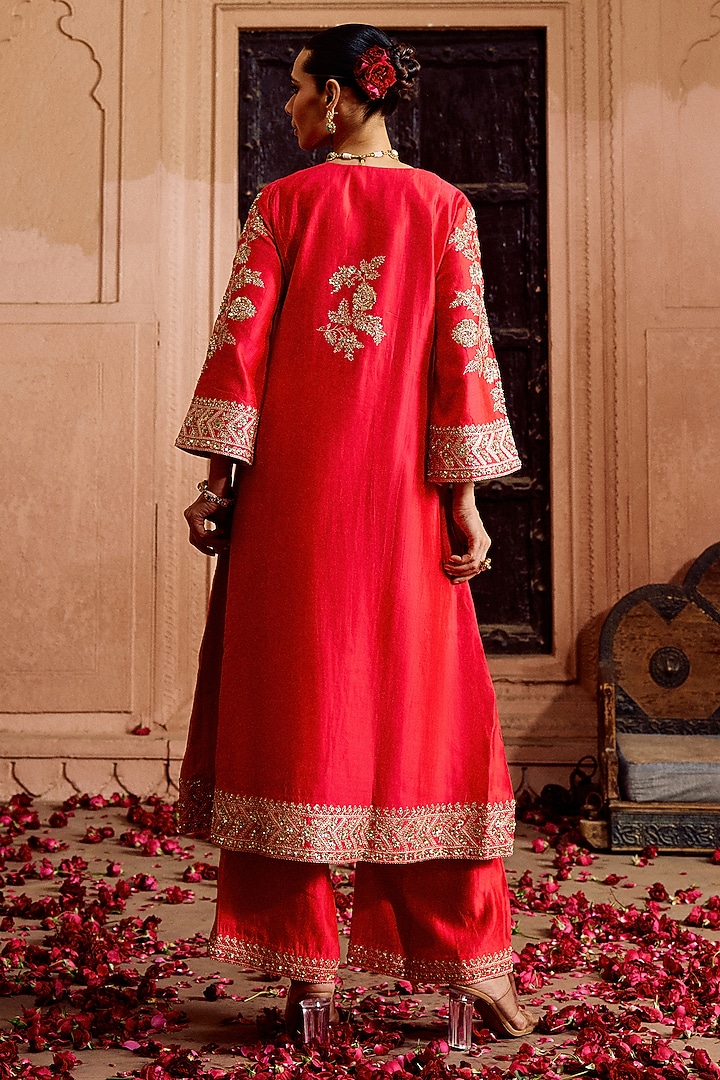 Strawberry Red Spun Silk Zardosi Work A-Line Kurta Set by SURBHI SHAH at Pernia's Pop Up Shop