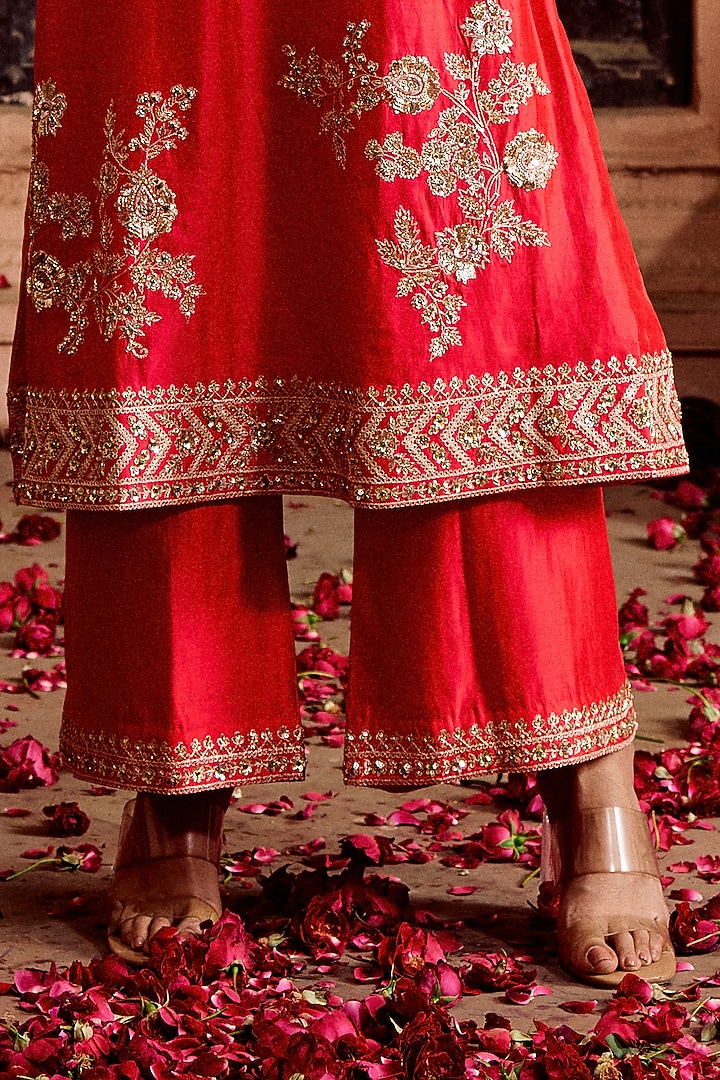 Strawberry Red Spun Silk Zardosi Work A-Line Kurta Set by SURBHI SHAH at Pernia's Pop Up Shop
