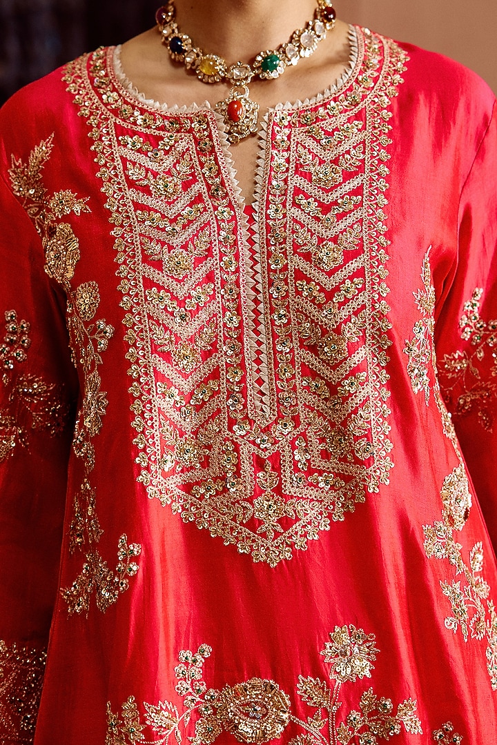 Strawberry Red Spun Silk Zardosi Work A-Line Kurta Set by SURBHI SHAH at Pernia's Pop Up Shop