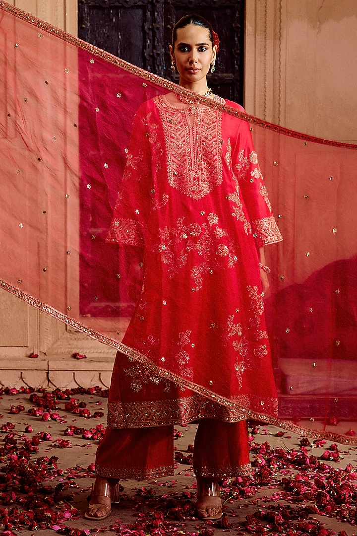Strawberry Red Spun Silk Zardosi Work A-Line Kurta Set by SURBHI SHAH at Pernia's Pop Up Shop