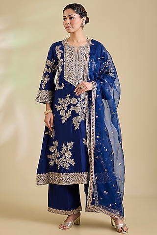 Navy Blue Spun Silk Aari Embroidered Kurta Set by SURBHI SHAH