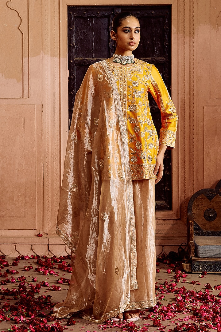 Mango Yellow Spun Silk Zardosi Work Jacket Set by SURBHI SHAH at Pernia's Pop Up Shop