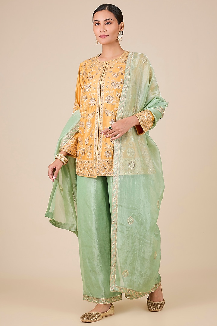 Mango Yellow Spun Silk Aari & Zardosi Work Jacket Set by SURBHI SHAH at Pernia's Pop Up Shop