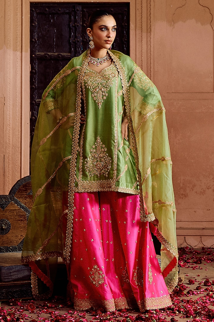 Hot Pink Spun Silk Bridal Sharara Set by SURBHI SHAH at Pernia's Pop Up Shop