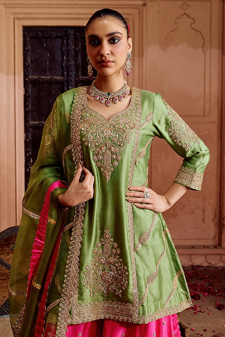 Hot Pink Spun Silk Bridal Sharara Set by SURBHI SHAH at Pernia's Pop Up Shop