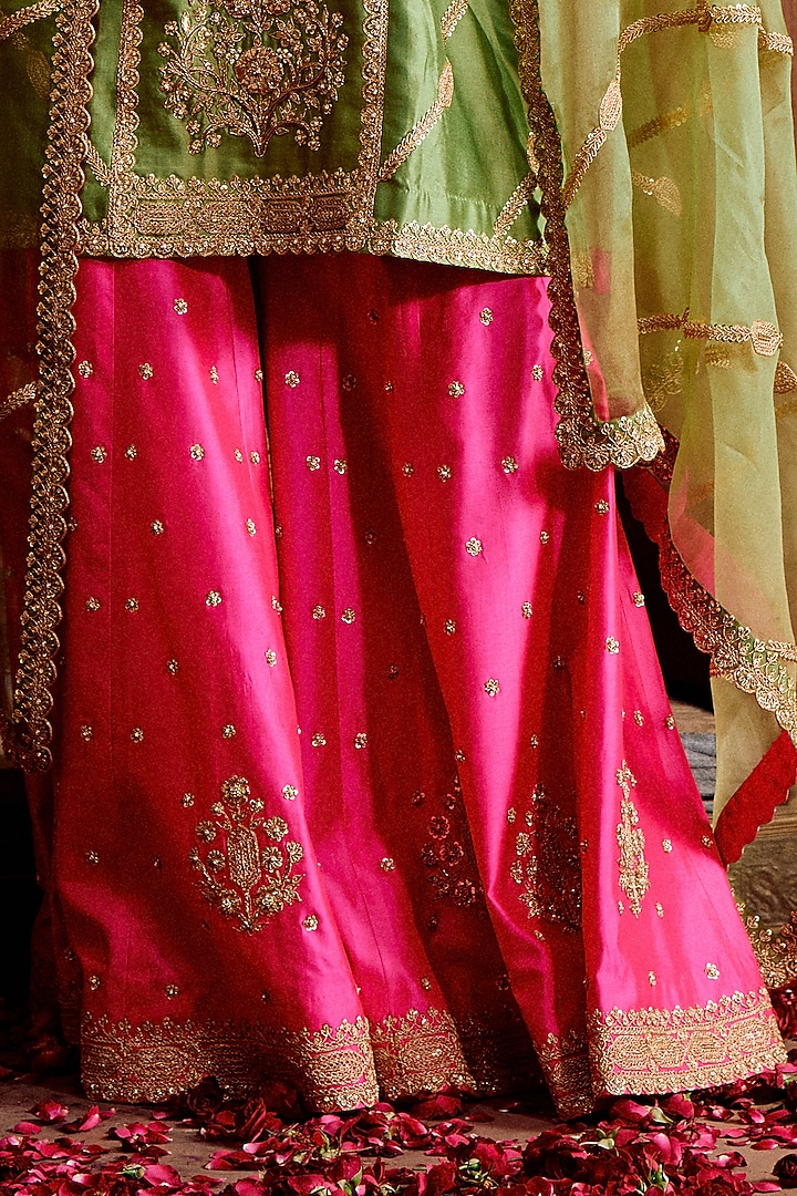 Hot Pink Spun Silk Bridal Sharara Set by SURBHI SHAH at Pernia's Pop Up Shop