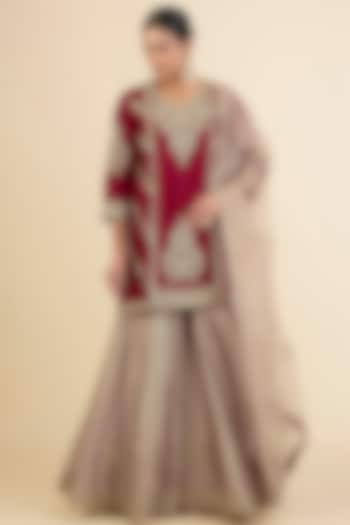 Biscuit-Colored Spun Silk Embroidered Bridal Sharara Set by Surbhi Shah at Pernia's Pop Up Shop