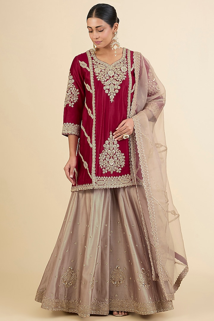 Biscuit-Colored Spun Silk Embroidered Bridal Sharara Set by Surbhi Shah at Pernia's Pop Up Shop