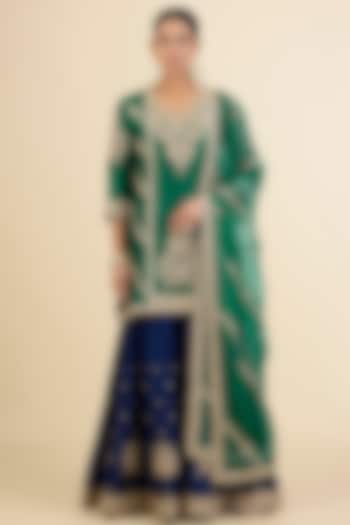 Navy Blue Spun Silk Embroidered Bridal Sharara Set by Surbhi Shah at Pernia's Pop Up Shop