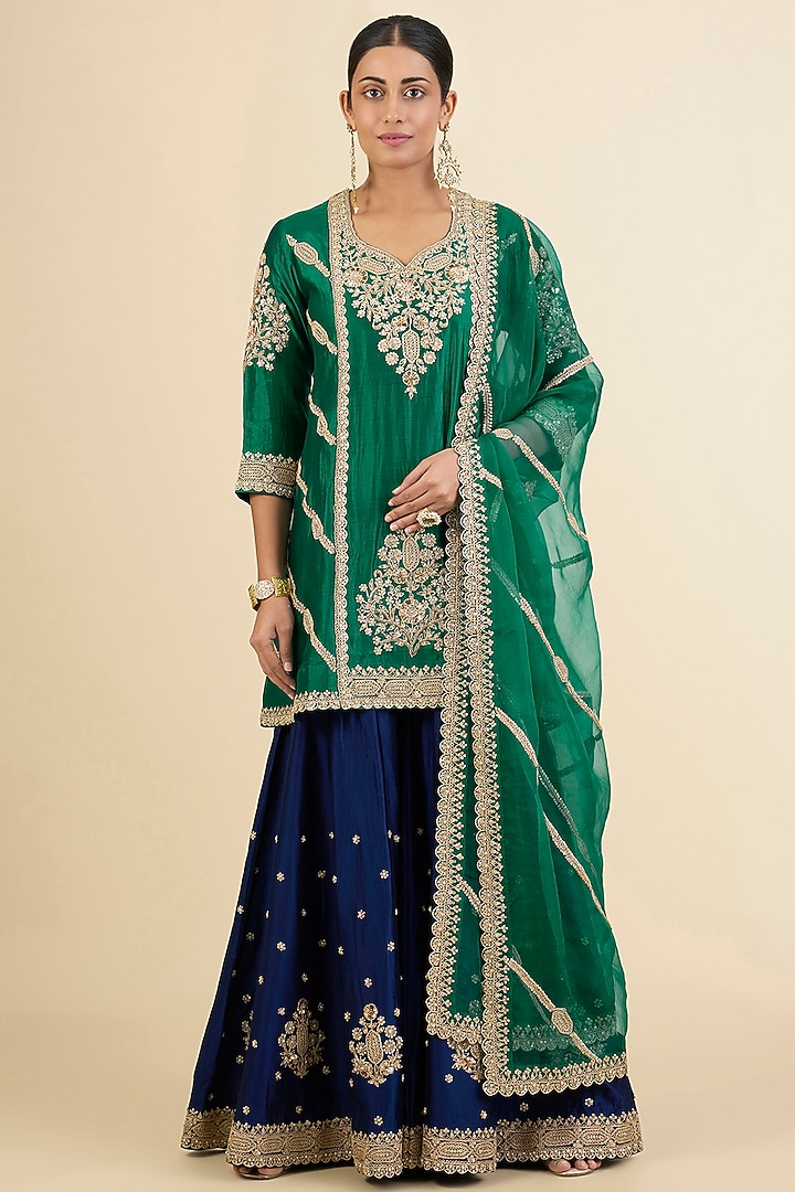 Navy Blue Spun Silk Embroidered Bridal Sharara Set by Surbhi Shah at Pernia's Pop Up Shop