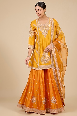 Mango Yellow Spun Silk Sharara Set by SURBHI SHAH