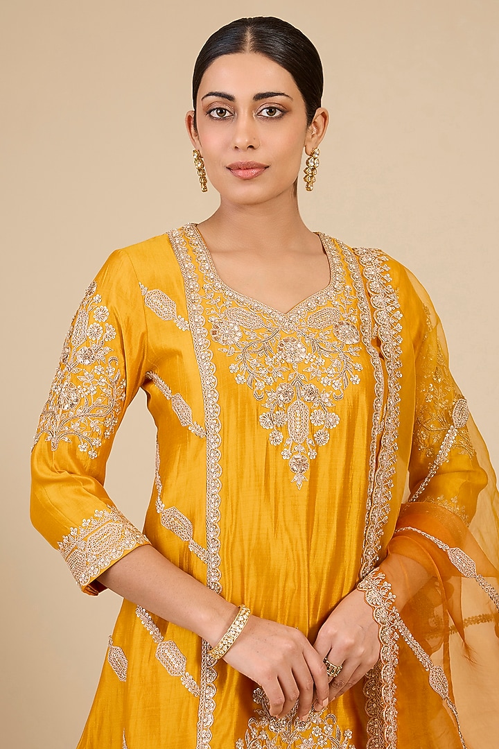 Mango Yellow Spun Silk Bridal Sharara Set by SURBHI SHAH at Pernia's Pop Up Shop