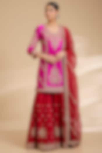 Red Spun Silk Bridal Sharara Set by Surbhi Shah at Pernia's Pop Up Shop