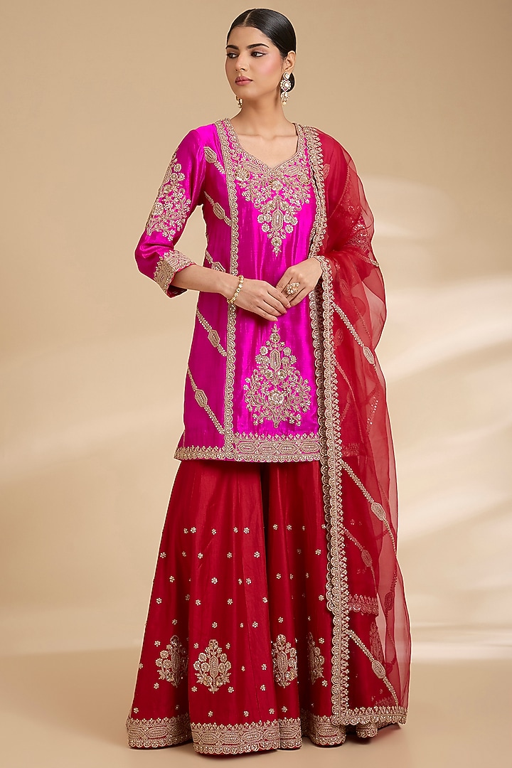 Red Spun Silk Bridal Sharara Set by Surbhi Shah at Pernia's Pop Up Shop