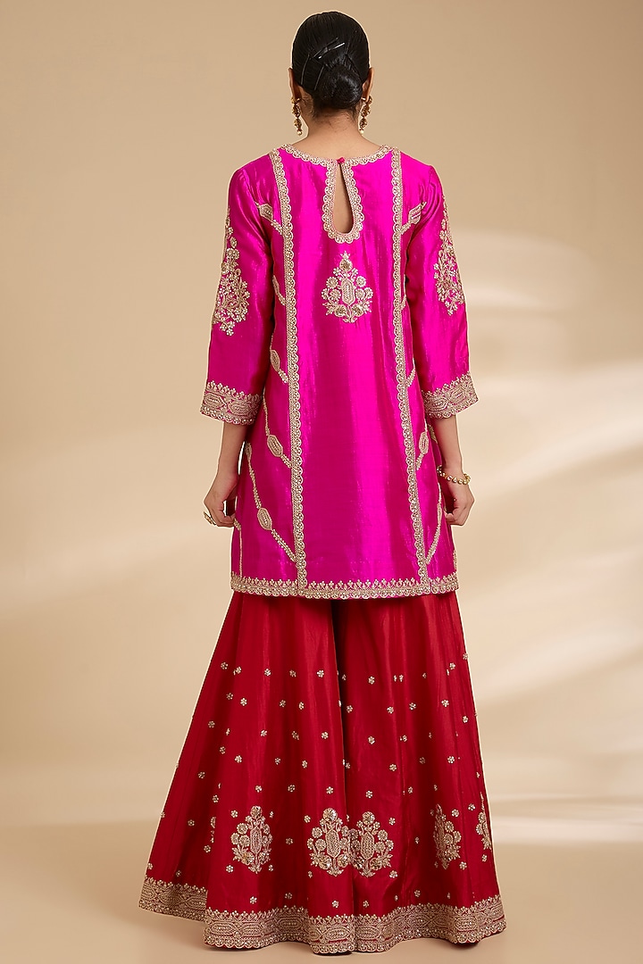 Red Spun Silk Bridal Sharara Set by Surbhi Shah at Pernia's Pop Up Shop