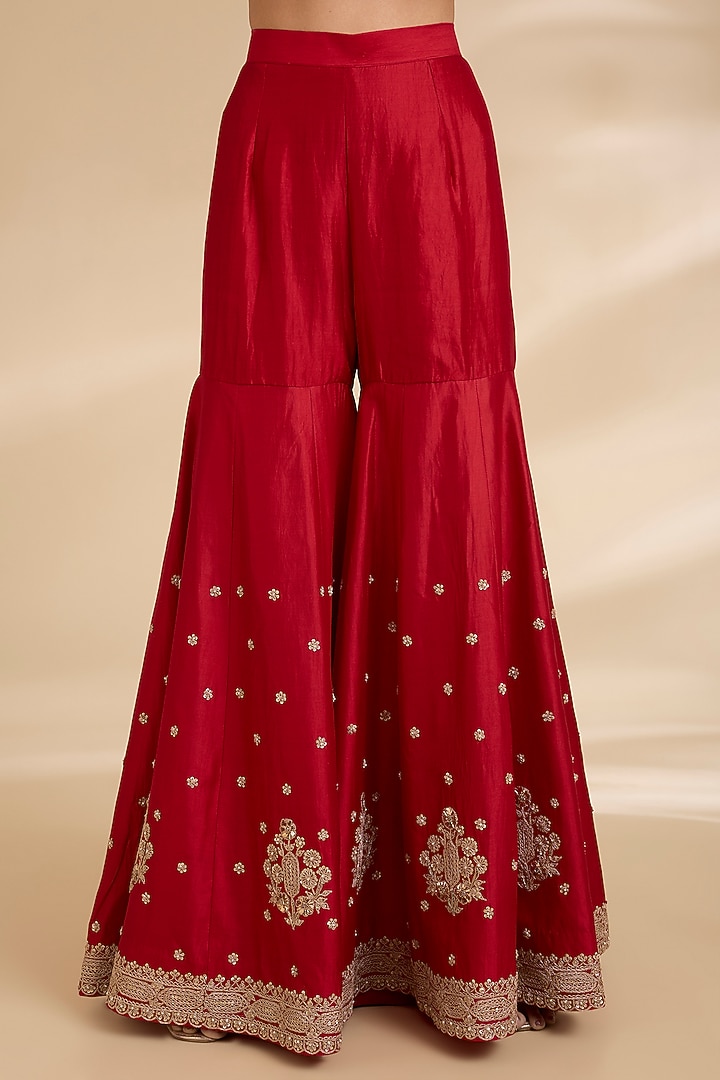 Red Spun Silk Bridal Sharara Set by Surbhi Shah at Pernia's Pop Up Shop