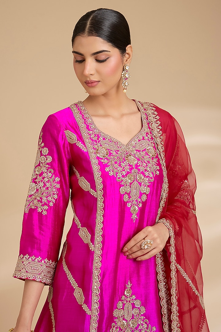 Red Spun Silk Bridal Sharara Set by Surbhi Shah at Pernia's Pop Up Shop