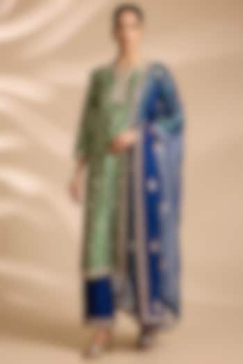 Sage Green Spun Silk Zardosi Embroidered Kurta Set by Surbhi Shah at Pernia's Pop Up Shop