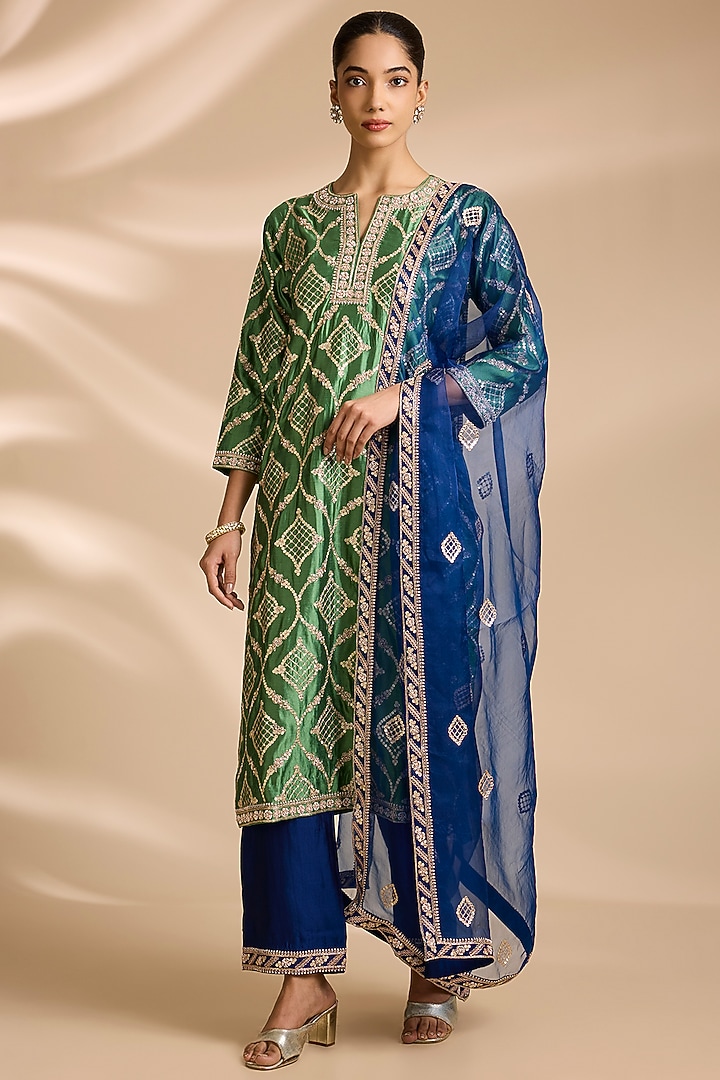 Sage Green Spun Silk Zardosi Embroidered Kurta Set by Surbhi Shah at Pernia's Pop Up Shop