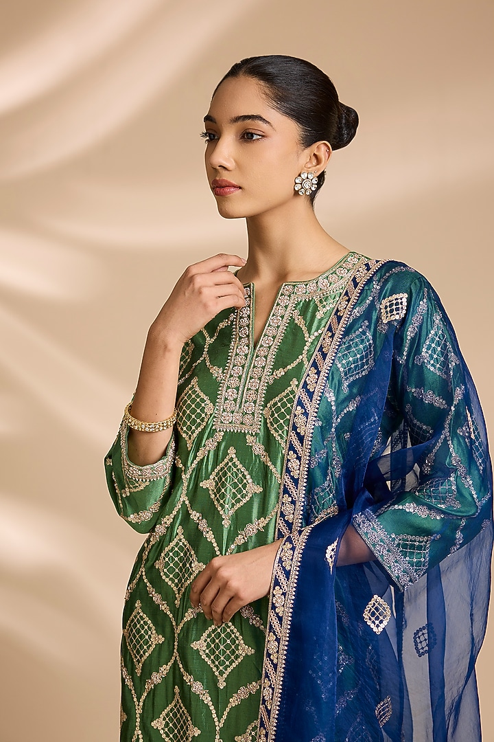 Sage Green Spun Silk Zardosi Embroidered Kurta Set by Surbhi Shah at Pernia's Pop Up Shop