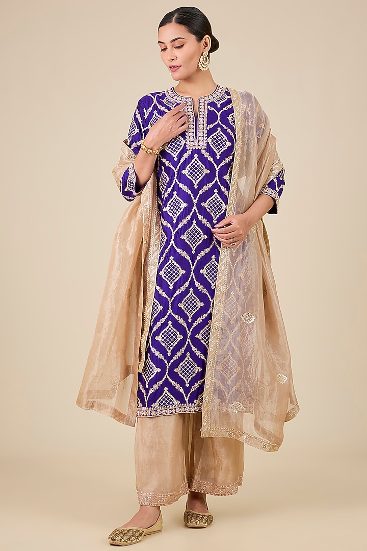 Purple Spun Silk Zardosi Work Kurta Set by Surbhi Shah at Pernia's Pop Up Shop