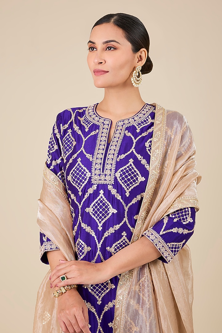 Purple Spun Silk Zardosi Work Kurta Set by Surbhi Shah at Pernia's Pop Up Shop