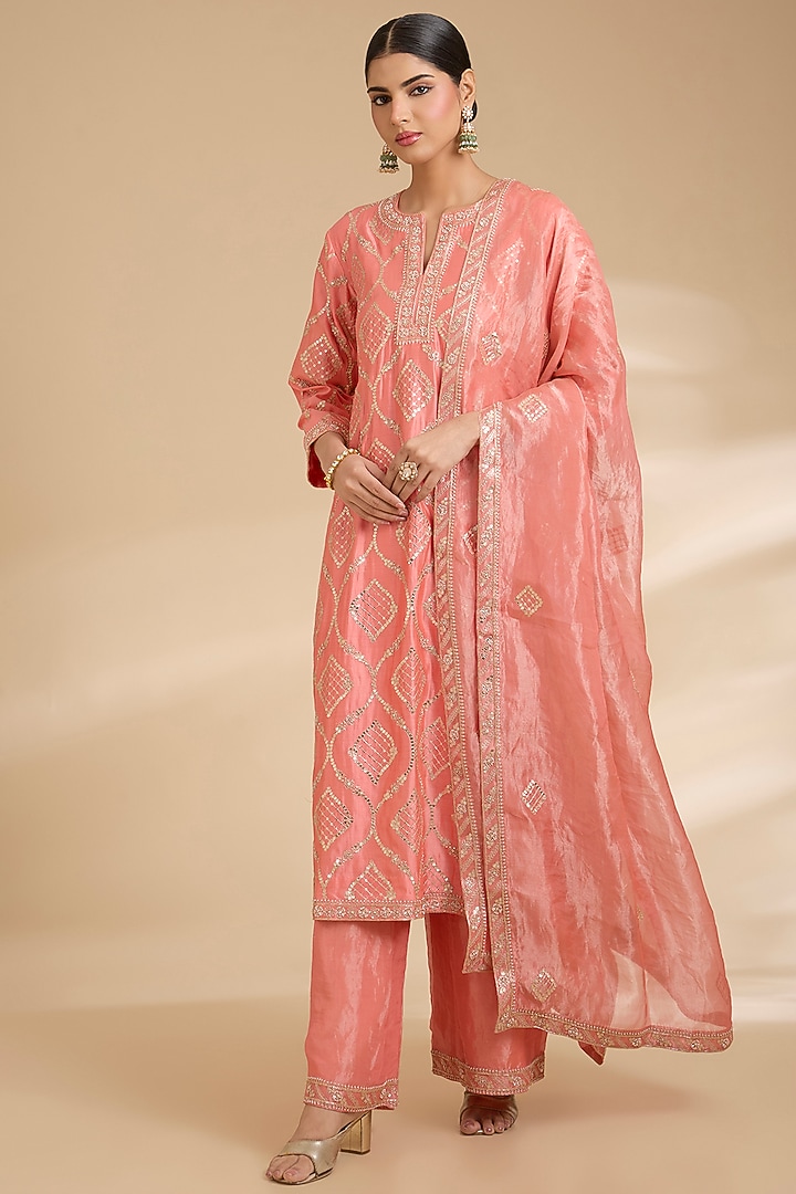 Coral Peach Spun Silk Zardosi Work Kurta Set by Surbhi Shah at Pernia's Pop Up Shop
