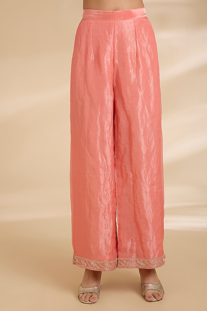 Coral Peach Spun Silk Zardosi Work Kurta Set by Surbhi Shah at Pernia's Pop Up Shop