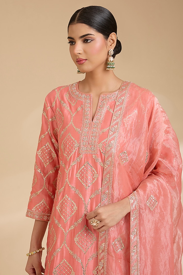Coral Peach Spun Silk Zardosi Work Kurta Set by Surbhi Shah at Pernia's Pop Up Shop