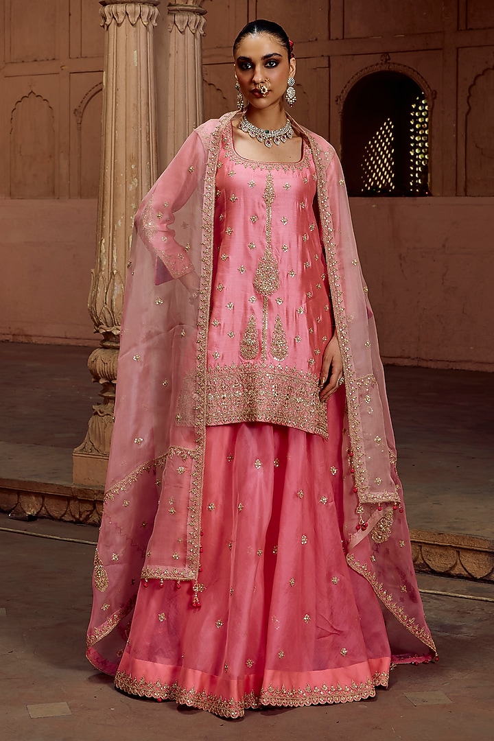 Raspberry Pink Organza Bridal Sharara Set by SURBHI SHAH at Pernia's Pop Up Shop