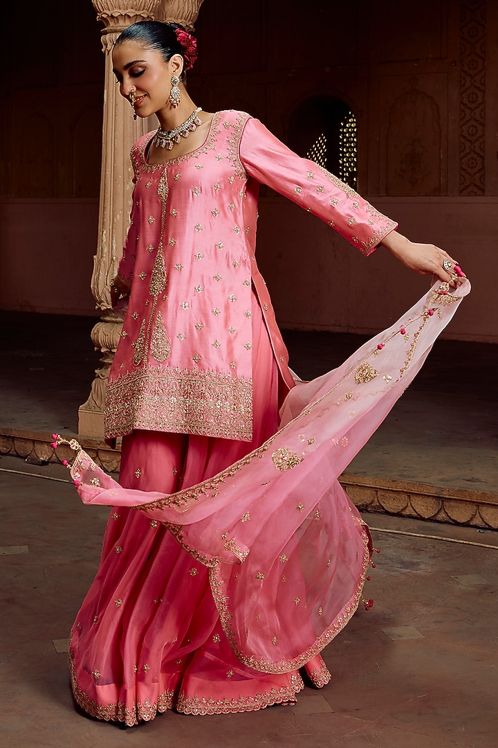 Raspberry Pink Organza Bridal Sharara Set by SURBHI SHAH at Pernia's Pop Up Shop