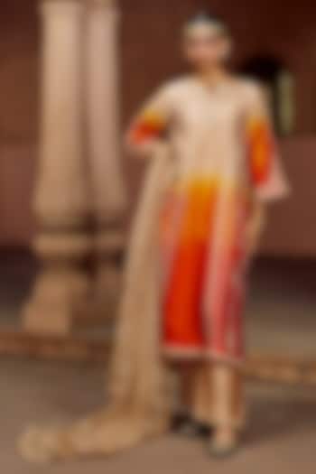 Beige & Orange Ombre Spun Silk Mukesh Work Kurta Set by SURBHI SHAH at Pernia's Pop Up Shop