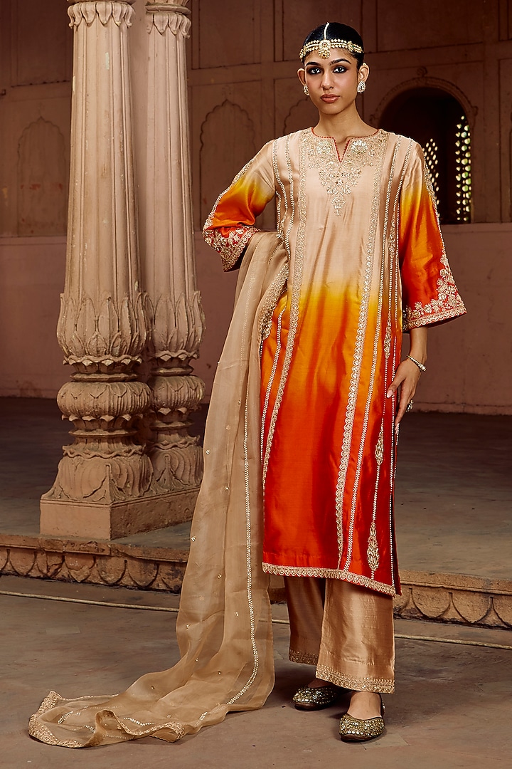 Beige & Orange Ombre Spun Silk Mukesh Work Kurta Set by SURBHI SHAH at Pernia's Pop Up Shop