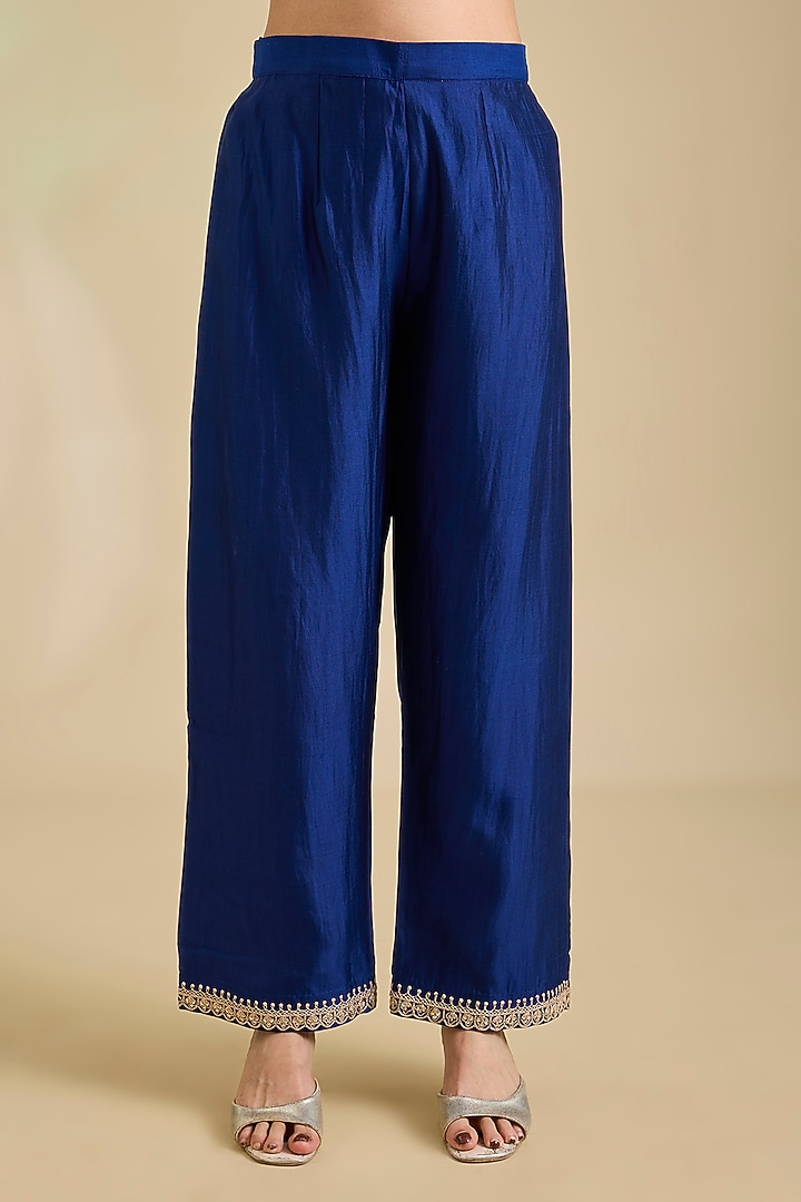 Navy Blue Spun Silk Marori Embroidered Kurta Set by SURBHI SHAH at Pernia's Pop Up Shop