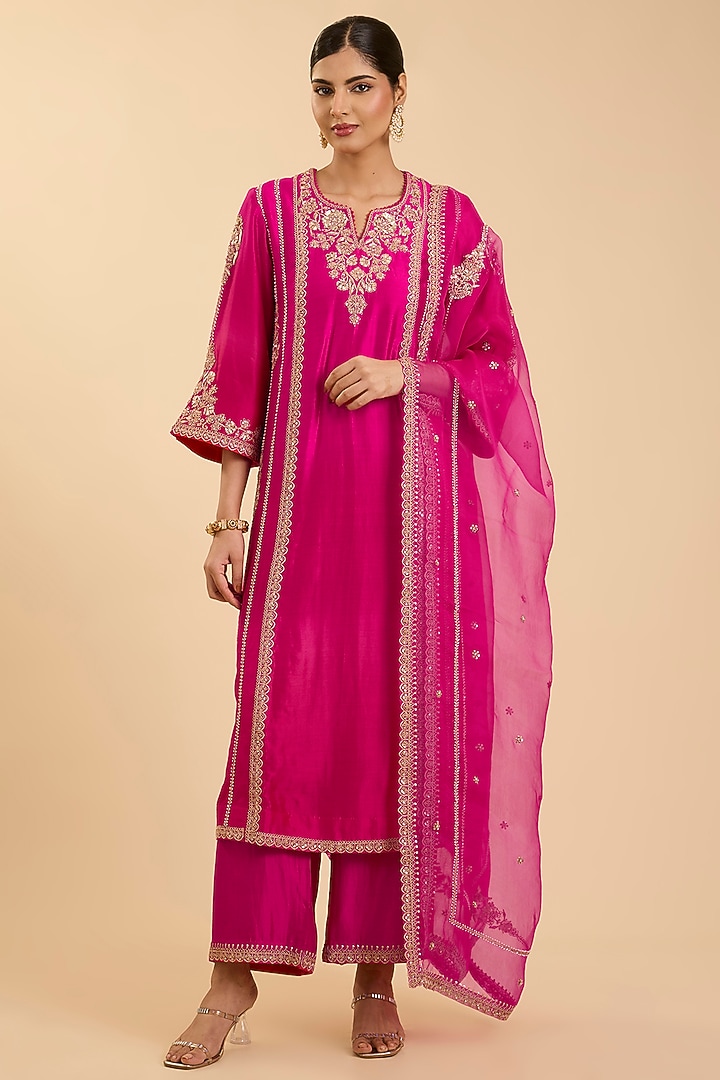 Red & Rani Pink Ombre Spun Silk Mukaish Work Kurta Set by Surbhi Shah at Pernia's Pop Up Shop