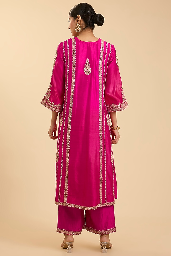 Red & Rani Pink Ombre Spun Silk Mukaish Work Kurta Set by Surbhi Shah at Pernia's Pop Up Shop