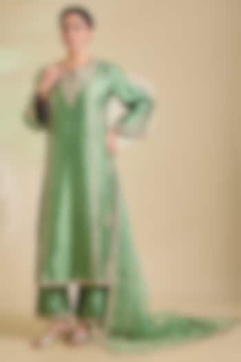 Powder Sage Green Spun Silk Marori Embroidered Kurta Set by SURBHI SHAH at Pernia's Pop Up Shop