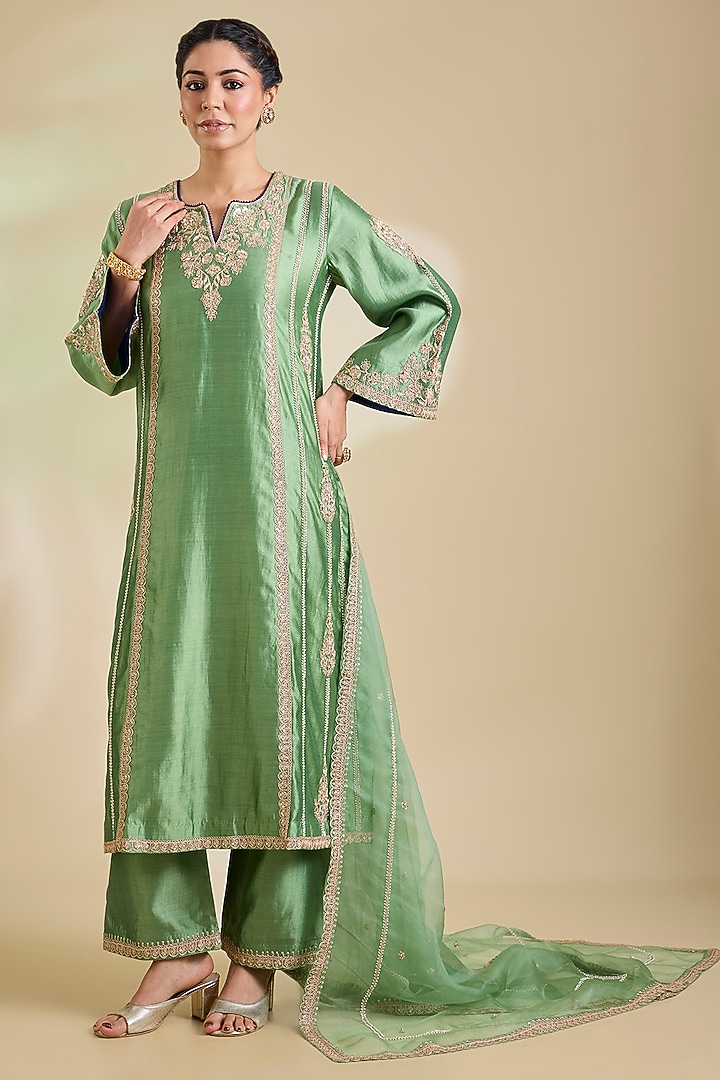 Powder Sage Green Spun Silk Marori Embroidered Kurta Set by SURBHI SHAH at Pernia's Pop Up Shop