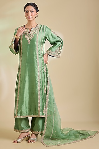 Powder Sage Green Spun Silk Marori Embroidered Kurta Set by SURBHI SHAH