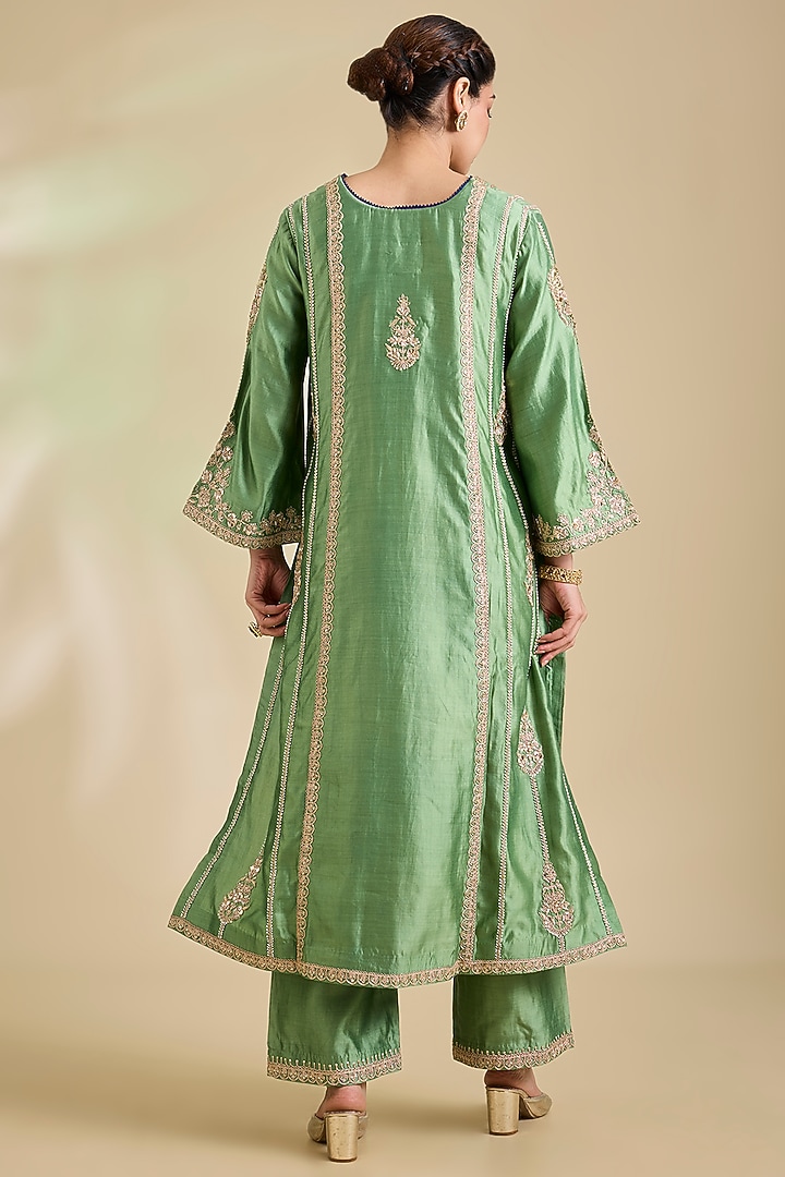 Powder Sage Green Spun Silk Marori Embroidered Kurta Set by SURBHI SHAH at Pernia's Pop Up Shop