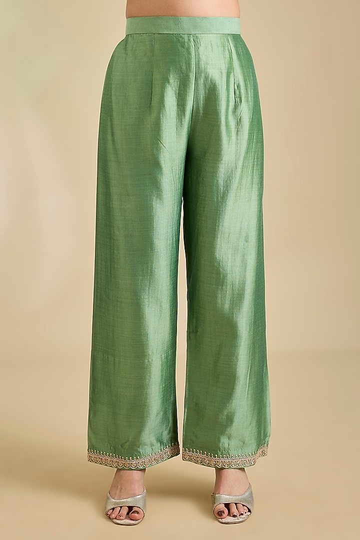 Powder Sage Green Spun Silk Marori Embroidered Kurta Set by SURBHI SHAH at Pernia's Pop Up Shop