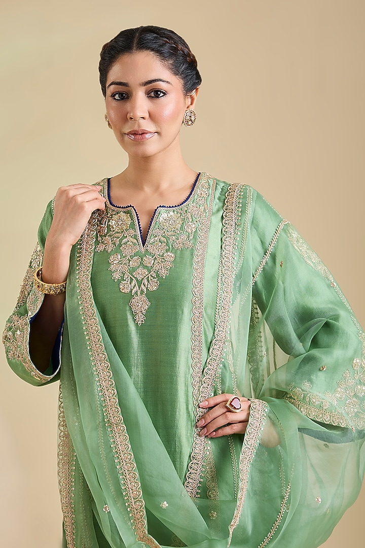 Powder Sage Green Spun Silk Marori Embroidered Kurta Set by SURBHI SHAH at Pernia's Pop Up Shop