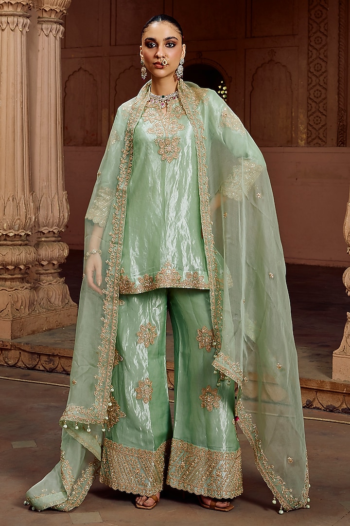 Mint Green Tissue Marori Work Kurta Set by SURBHI SHAH at Pernia's Pop Up Shop
