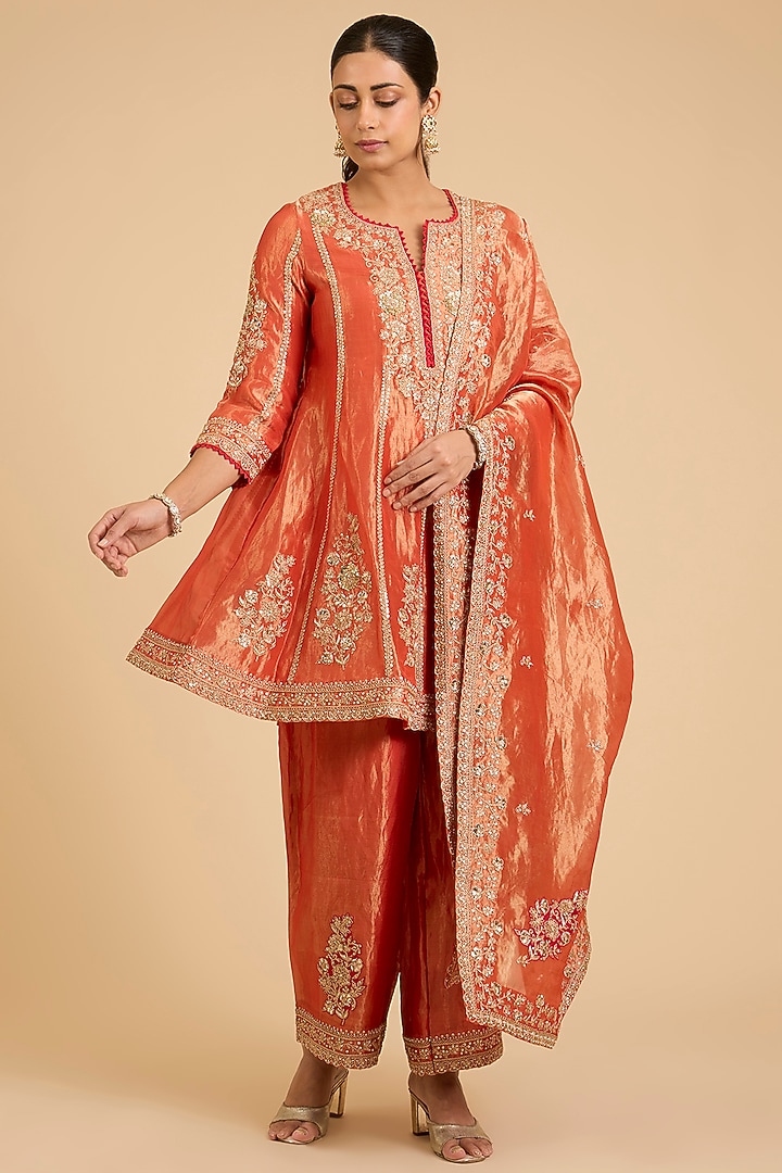 Orange Tissue Marori Work Bridal Anarkali Set by SURBHI SHAH at Pernia's Pop Up Shop