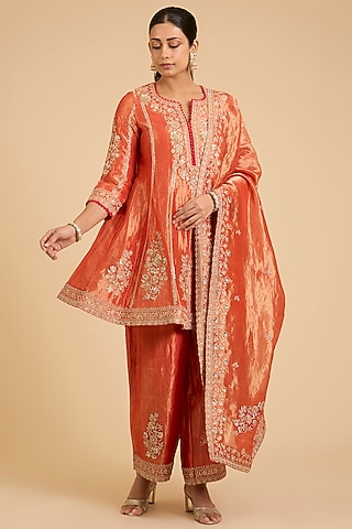 Orange Tissue Marori Work Anarkali Set by SURBHI SHAH